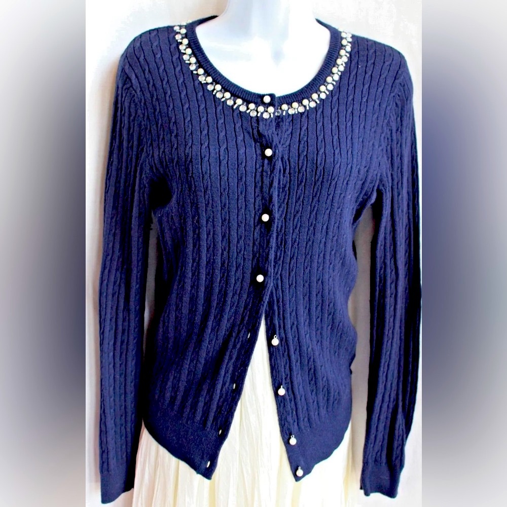 TOMMY HILFIGER Navy Blue Cabled Cardigan Sz M Pearl Rhinestone Trim Soft Cottony